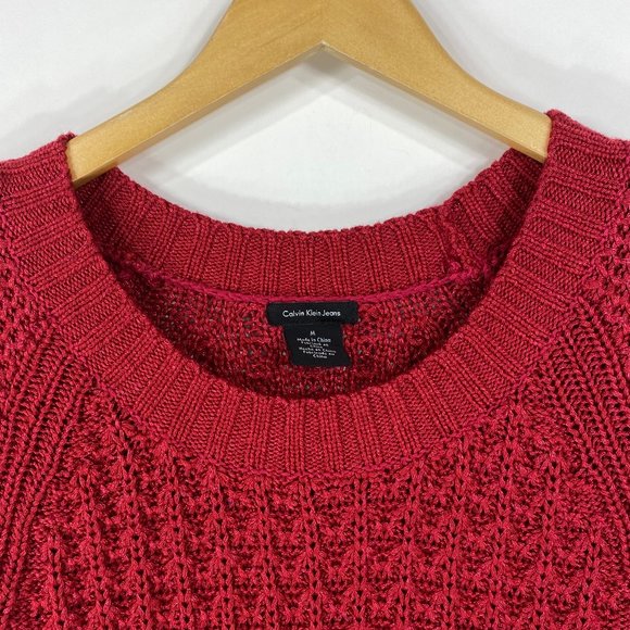 Calvin Klein Jeans M Medium Sweater Pullover Cranberry Red Open Knit Round Hem - Picture 3 of 7